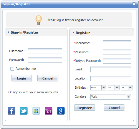 Sign-in/Register Panel of 123 Flash Chat, Chat Software