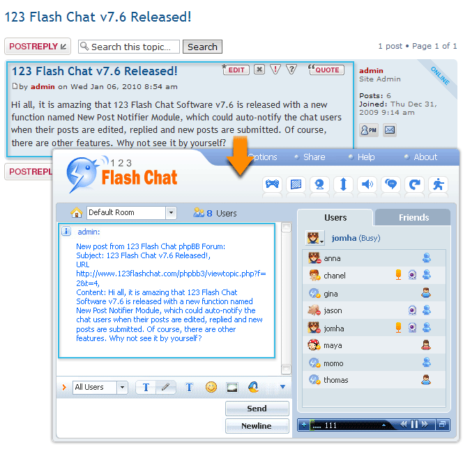 In chat room of 123 Flash Chat, online chat users get instant alert from phpBB forum for the Free phpBB Post Notifier Module for 123 Flash Chat Software.