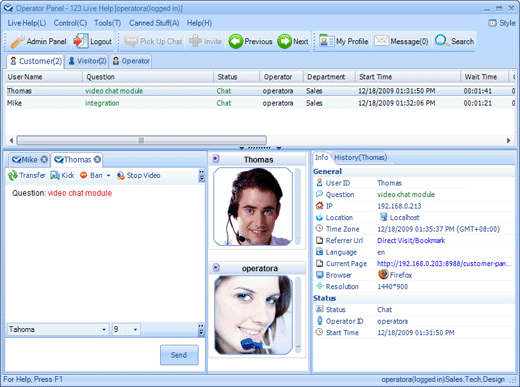 Live Video Chat and Text Chat in 123 Live Help operator panel