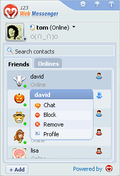 Chat/block/remove friend and view friend's profile.